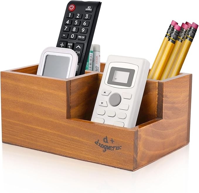 Flexzion Rustic Wooden Pencil Holder for Office - 3 Slots - Desk and Table Storage Organizer - Multifunctional Remote Control Holder for Home, School and Office
