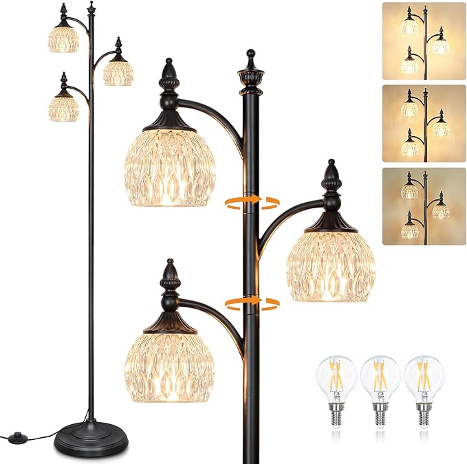JUNNAI Black Flower Floor Lamp,Tall Standing Lamp Dimmable Tree Floor Lamps with 3 Lights Glass Shade 66.5in Modern Corner Lamp for Living Room Bedroom Office(3LED Bulbs