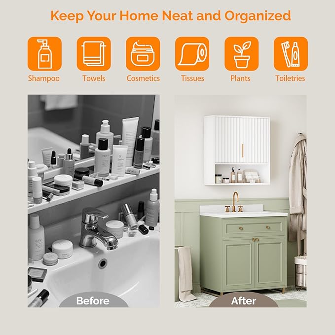 VINGLI White Bathroom Wall Cabinet, Modern Fluted Medicine Cabinet with Gold Handles, Wall Mounted Storage Over Toilet with Adjustable Shelf, Soft Close Hanging Organizer for Kitchen, Laundry Room