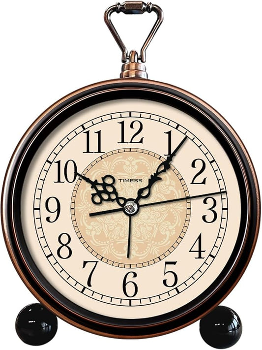Vintage Analog Alarm Clock, 4.3" Silent Non-Ticking Quartz Desk Clock, Battery Operated Table Clock for Bedroom, Living Room, Office, or Gift