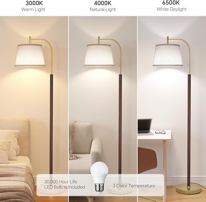 SUNMORY Wood Floor Lamp for Living Room, Mid Century Modern Floor Lamp with 3 Color Temperatures Bulb, Arc Standing Lamp with Adjustable Lampshade, Tall Reading Lamp for Bedroom, Corner, Office