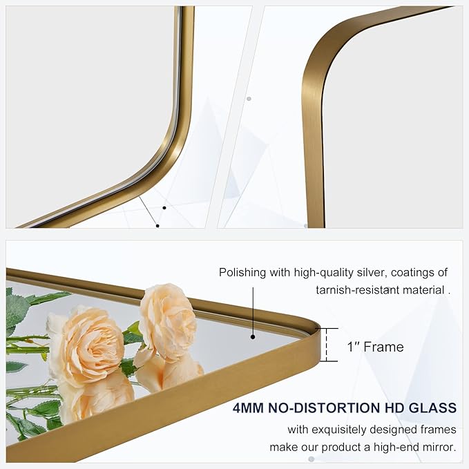 ANDY STAR Wall Mirror for Bathroom with Stainless Steel Metal Frame, 30"x40"Rectangle Rounded Corner Frame, Brushed Gold Finish