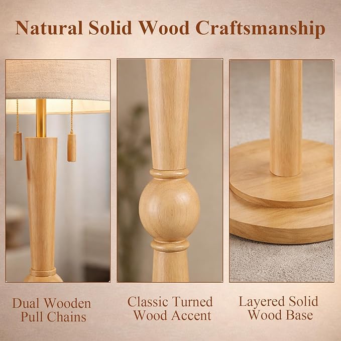 MOFFE 62.8" Solid Wood Floor Lamp,Tall Standing Floor Lamp with 2-Light Pull Chain, 17" Linen Drum Shade, Sculptural Wood Base & Stem,Transitional Floor Lamp for Living Room Bedroom, Includes 2 Bulbs