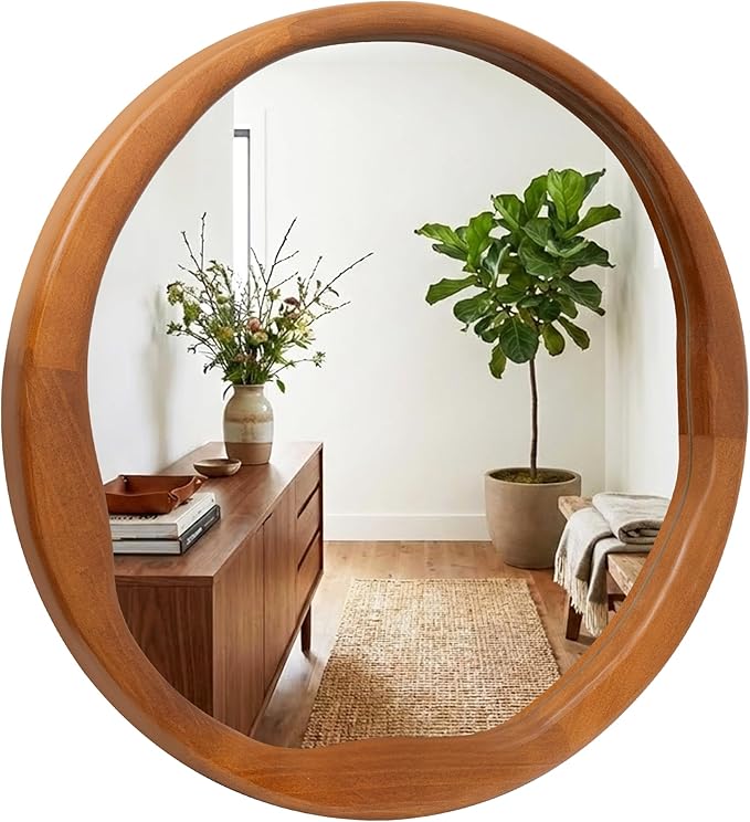 Round Walnut Mirror 24 Inch, Asymmetrical Wavy Inner Edge Wall Mirror for Bathroom Vanity, Bedroom, Solid Wood Irregular Retro Decor