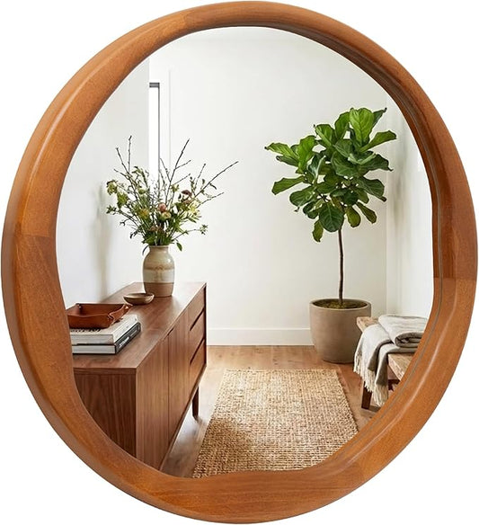 Round Walnut Mirror 24 Inch, Asymmetrical Wavy Inner Edge Wall Mirror for Bathroom Vanity, Bedroom, Solid Wood Irregular Retro Decor