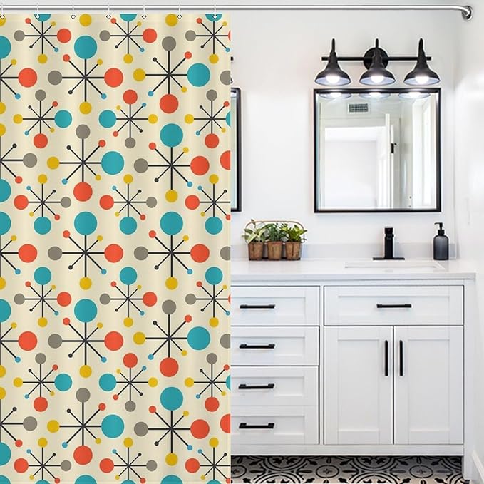 Mid Century Modern Shower Curtain,Atomic Retro Colourful Geometric Polka Dots Stripe Vintage 1950s Bathroom Curtain Polyester Waterproof Fabric Decor 72x72in（183x183cm）