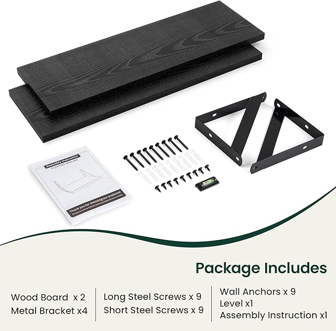 Floating Shelves, 8 Inch Deep Rustic Wood Wall Storage, 24W x 8D Wall Shelves Set of 2, Heavy Duty Metal Brackets, Industrial Book Shelf for Living Room, Kitchen, Bathroom, Bedroom, Black