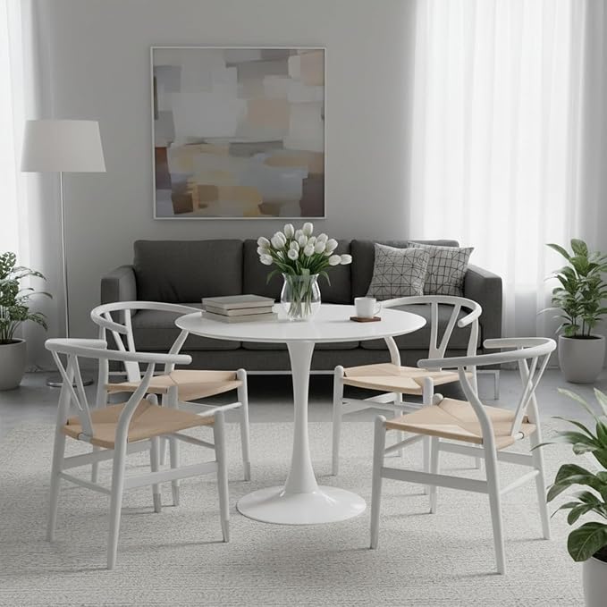 32" White Round Dining Table Set of 2, Mid-Century Modern Circular Tulip Table with Thickened Top & Sturdy Metal Pedestal, Small Round Bistro Kitchen Table for for 4 People, Easy Assembly