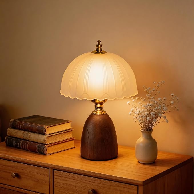 13“ Mid-Century Modern Small Table Lamp, Vintage Scalloped Frosted Glass Bedside Lamp for Bedroom Living Room, Solid Walnut Wood Style Base 3-Color Dimmable LED, Aesthetic Decor Gift