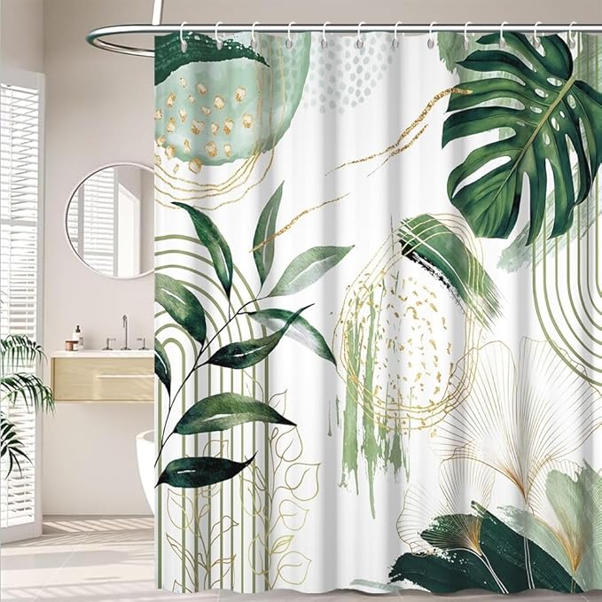 Modern Boho Shower Curtain Green Gold Tropical Palm Leaf Abstract Geometric Minimalist Aesthetic Bathroom Decor Watercolor Plant Bath Curtain Washable Waterproof Polyester Fabric with Hooks 72x78 Inch