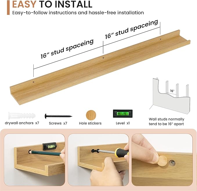 Dreamland Picture Ledge Shelf for Wall, Floating Shelves Set of 2, 48 Inch Long Floating Shelves with Lip for Living Room, Bedroom, Bathroom, Kitchen, Oak