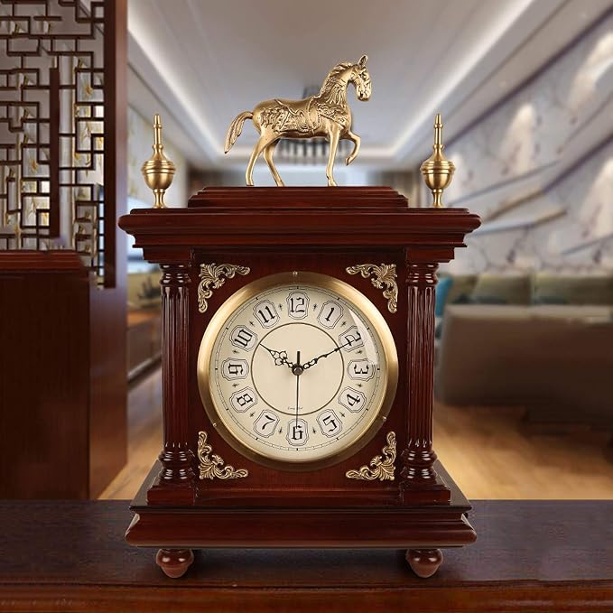 Desk Vintage Brass Desk Clock Household Wooden for Bedroom Living Room Office Office