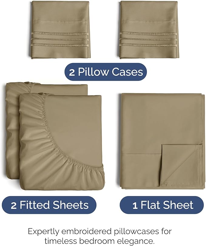 Split King Size 5 Piece Sheet Set - Comfy Breathable & Cooling Sheets - Hotel Luxury Bed Sheets for Women & Men - Deep Pockets, Easy-Fit, Soft and Wrinkle Free Sheets - Khaki Oeko-Tex Bed Sheet Set