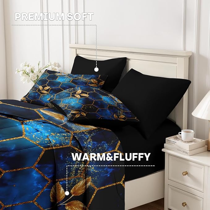 Nesker Comforter Set Queen Size, Luxury Geometric Hexagon 7 Pcs Bedding for Kids and Adults, Navy Blue Gold Marble Leaves Bed Sheet Sets with Fitted Sheet 2 Pillowcases & 2 Shams