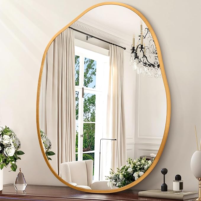 Gold Irregular Wall Mirror Aluminum Alloy Frame Asymmetrical Bathroom Mirrors Brushed Metal Vanity Wall Mounted Mirror for LivingRoom Bedroom Entryway Room Home Decor Large 22"x30"