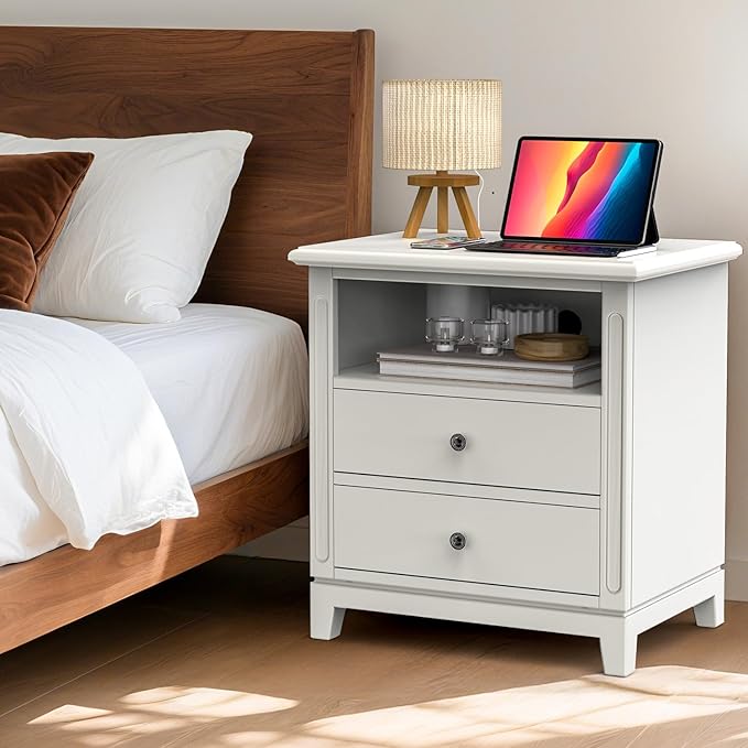 24" Wide Farmhouse Nightstand with Charging Station, Solid Wood End Table with 2 Large Drawers & Open Shelf, Bedside Table with USB Ports and Outlets, Side End Table for Bedroom