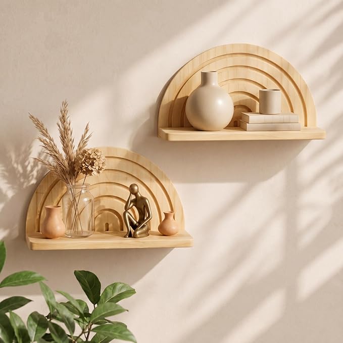 AceOrbit 2 Pcs Boho Wooden Arched Wall Shelf Mid Century Modern Shelf Hanging Plant Display Shelves Floating Half Round Rainbow Shelves for Bedroom Bathroom Hallway Balcony Decoration(Light Brown)
