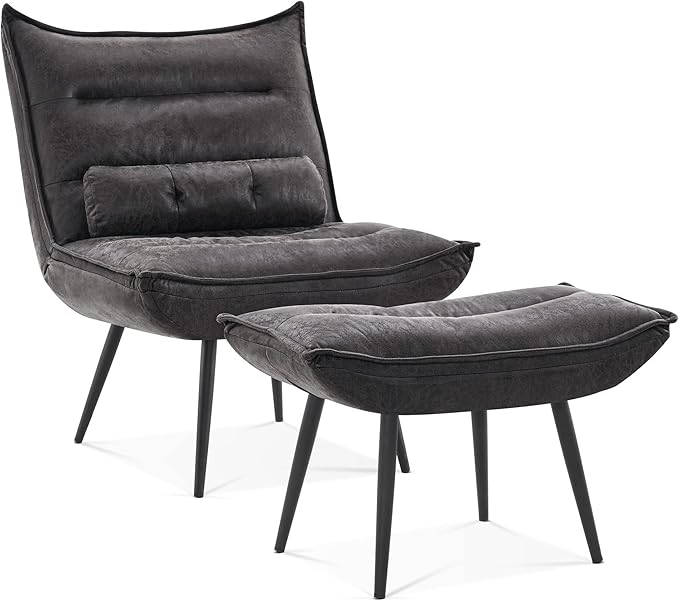 MCombo Wingback Accent Chair with Ottoman, Modern Bronzing Fabric Upholstered Club Chair for Small Space, Living Room 4400 (Dark Grey)