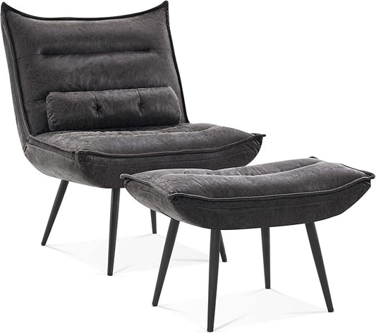 MCombo Wingback Accent Chair with Ottoman, Modern Bronzing Fabric Upholstered Club Chair for Small Space, Living Room 4400 (Dark Grey)