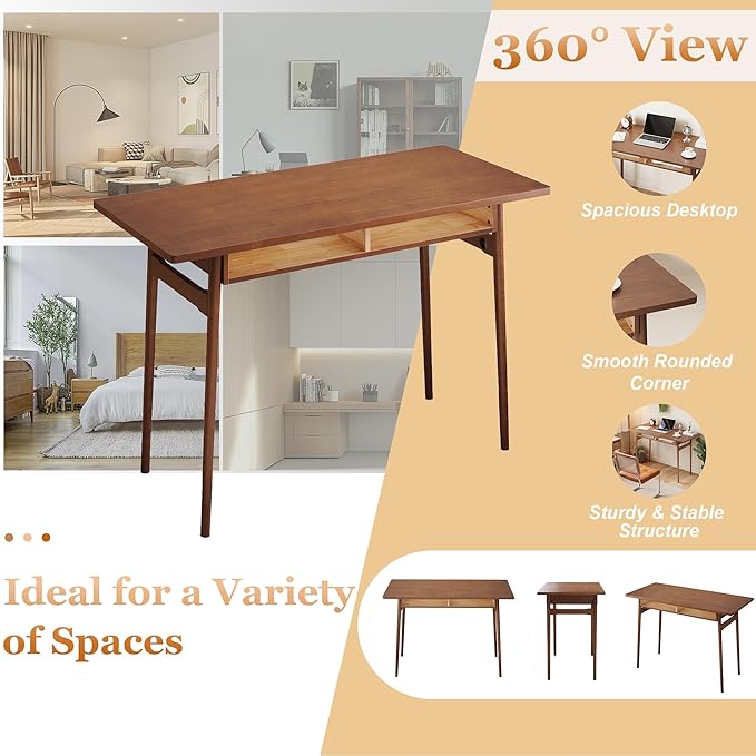 Solid Wooden Desk with Open Storage Cubby - 47.2” Mid Century Modern Desk, Writing Desks for Small Spaces, Rubber Wood Study Table, Home Office Computer Desks for Bedroom & Home, Walnut Color