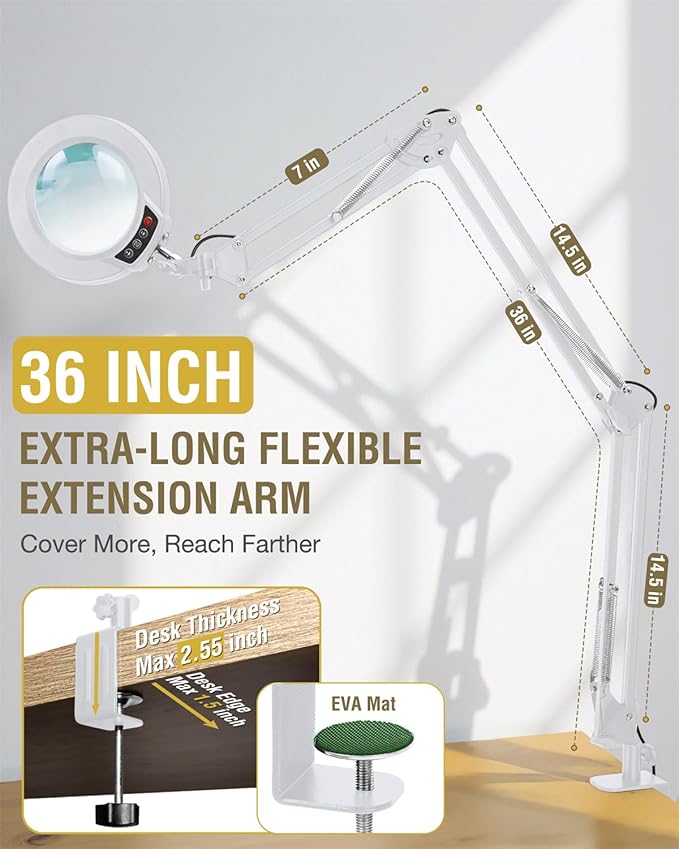 10X Magnifying Glass with Light and Clamp, Ultra Long 3 Section Swing Arm LED Desk Lamp, Real Glass Lens, 5 Color Modes Dimmable, Hands Free Lighted Magnifier with Stand for Repair Crafts - White
