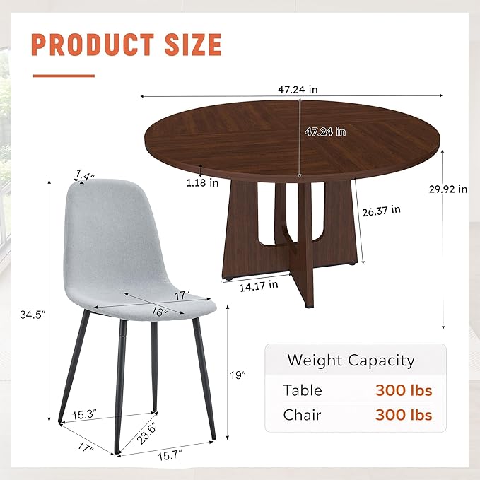 47" Round Dining Table Set for 4, Walnut Wood Grain Table and 4 Light Gray Linen Upholstered Chairs Set, Mid Century Modern Kitchen Table Set with Cross Legs