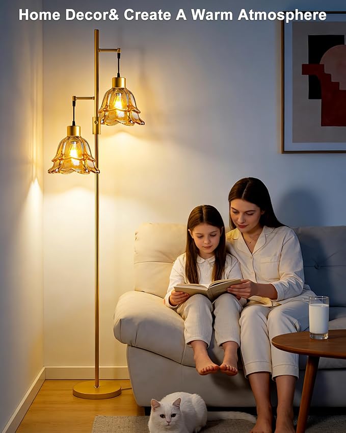 2-Light Modern Glass Floor Lamp, Gold Tall Standing Lamp with Amber Tulip Glass Shade for Reading, Dimmable LED Floor Lamp with Rotary Switch for Living Room Bedroom Home Decor, Bulb Included