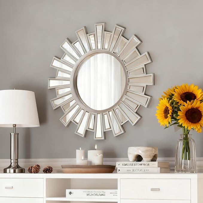 Round Sunburst Decor Mirror - 24" Silver Wall Art Mirror with Metal Frame, Starburst Wall Decorative for Entryway, Bedroom, Fireplace, Living Room
