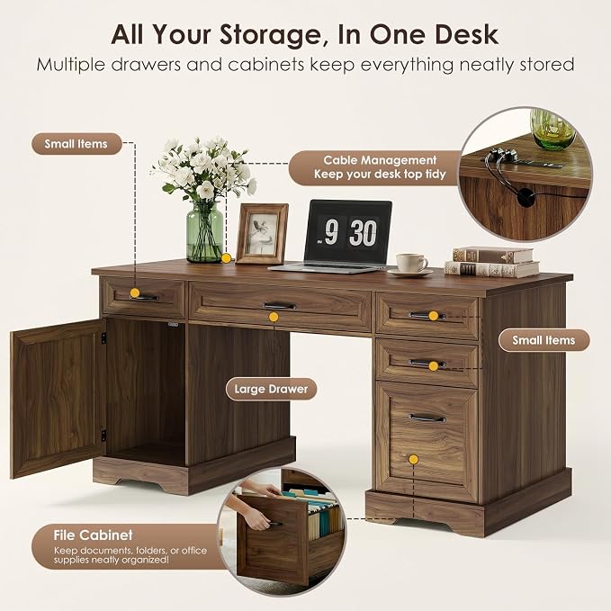 OffiGo 59 Inch Farmhouse Desk with Drawers, Executive Computer Desk with Charging Station, Wood File Cabinet Storage for Home Office, Walnut
