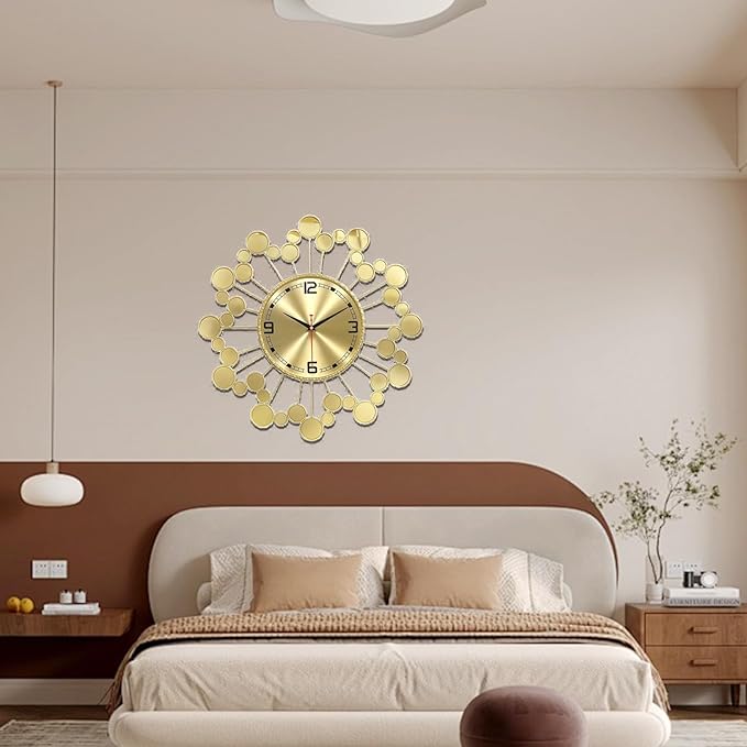 Mid Century Modern Gold Silent Wall Clock Non Ticking for Living Room, 23 inch Decorative Round Black Clock for Wall, Unique Metal Fancy Clock Wall Decor for Bedroom Entryway