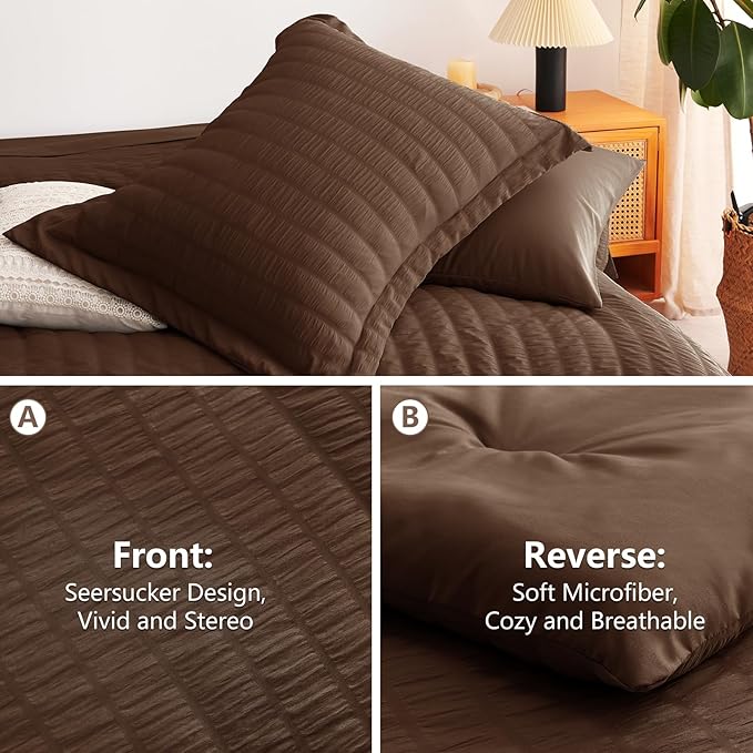CozyLux Oversized Queen Comforter Set with Sheets, 7 Pieces 98"x98" Brown Seersucker Bed in a Bag, Luxury Soft Bedding Sets with Down Alternative Comforter, Sheets, Pillowcases & Shams, Home Gift
