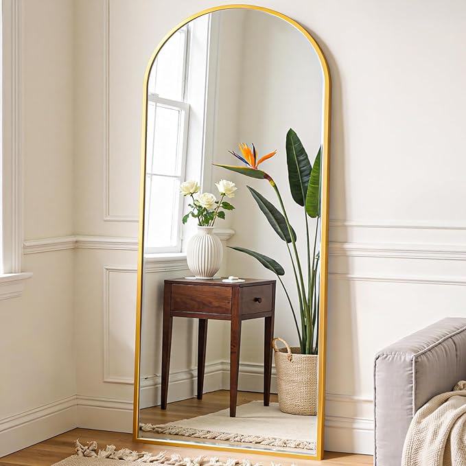 OLIXIS 64"x 21.5" Arched Mirror Full Length, Full Body Mirror with Stand, Hanging or Leaning for Wall, Floor Standing with Shatter-Proof Glass for Bedroom, Living Room, Long, Gold