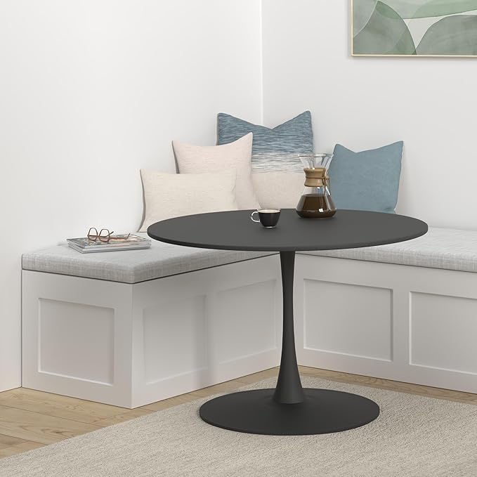 42 Inch Round Dining Table,Mid-Century Tulip Table with Metal Pedestal Base,Modern Leisure Table for Small Space Kitchen Dining Room,Easy Assembly,Black