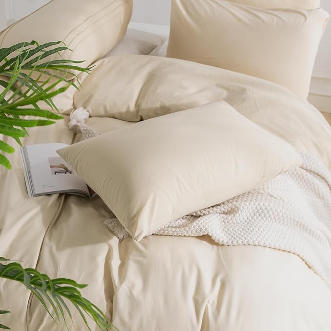 NEXHOME PRO Duvet Cover Set Queen Size Linen Feel Textured Organic Natural 100% Washed Cotton Duvet Cover 3 Pieces Bedding Set with Zipper Closure, Breathable, Soft (No Comforter)