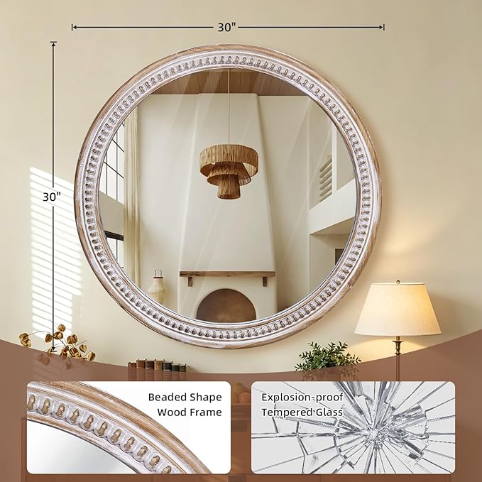 HOITUZYUS 30 Inch Farmhouse Round Wall Mirrors with Rustic Wooden Frame – Large Boho Decorative Circle Mirror for Bathroom, Living Room, Entryway & Foyer
