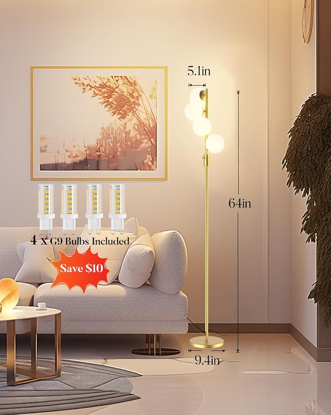 Lightdot 64IN Dimmable Globe Floor Lamp, Modern Gold Standing Lamps with 4PCS 3000K Bulbs Included Soft Warm White Eye Care, Mid Century Floor Lamp for Living Room/Bedroom/Sofa Beside/Corner Decor