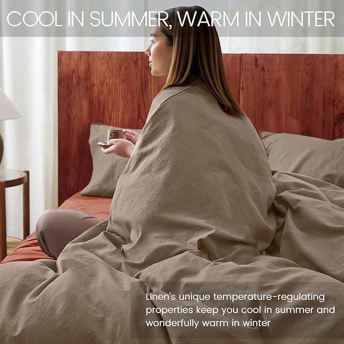 3Pcs Organic Linen Duvet Cover King Size, 100% French Linen from Normandy, Soft & Durable Brown Comforter Cover with 2 Pillowcases, 1 Duvet Cover with Zipper