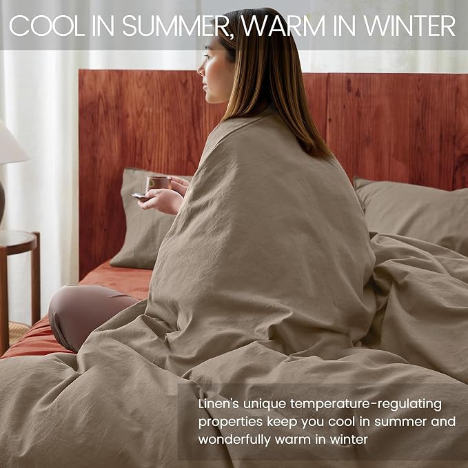 2Pcs Organic Linen Duvet Cover Twin Size, 100% French Linen from Normandy, Soft & Durable Brown Bedding Set Comforter Cover with 1 Pillowcases, 1 Duvet Cover with Zipper