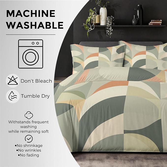 Sage Green Geometric Duvet Cover Oversized King Size, Boho Abstract Bedding Set 3 pcs with 2 Pillow Covers, Mid Century Modern Bedroom Decor, Soft Microfiber Reversible, Zipper & Ties KJJT 109