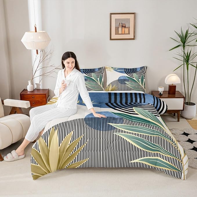 Erosebridal Mid Century Modern Comforter Set Queen Modern Boho Bedding Set,Abstract Minimalist Art Down Comforter Arch Curve Leaves Aesthetic Duvet Insert,Blue Green Room Decor