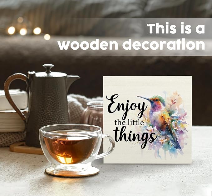 Hummingbird Decor - Hummingbird Gifts For Women, Inspirational Wooden Box Signs, Enjoy The Little Things Motivational Wood Decoration Home Decor For Desk Table Shelf 6x6 Inch Decorative Signs & Plaques