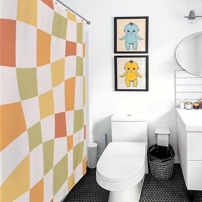 Checkered Shower Curtain for Bathroom, Retro 70s Funky Hippie Aesthetic Groovy Plaid Modern Checkboard Colorful Swirl Pastel Waterproof Fabric Shower Curtain Set with Hooks, 72"x78" Inch
