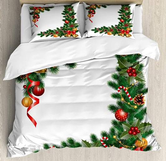 Ambesonne Christmas Duvet Cover Sets, Noel Themed Illustration Fir Tree Ornaments Classical New Year Concept Print, Bedding Set with 2 Duvet Covers & 4 Pillowcases, 2 Pack King Size, Forest Green