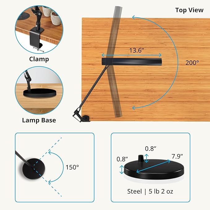 UPLIFTDESK E7 LED Desk Lamp with Clamp, Black Lamp with Silver Base
