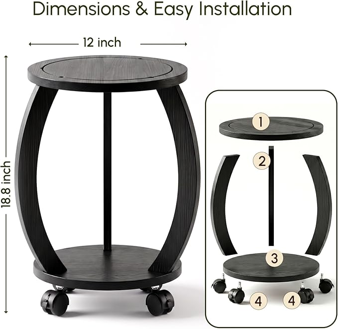 2 Tier Wooden Plant Stand Indoor with Wheels – Tall Plant Stand for 6-12 Inch Pots, Mid-Century Modern Rustic Plant Table Indoor, Pedestal Stand for Corner, Living Room, Balcony, Black