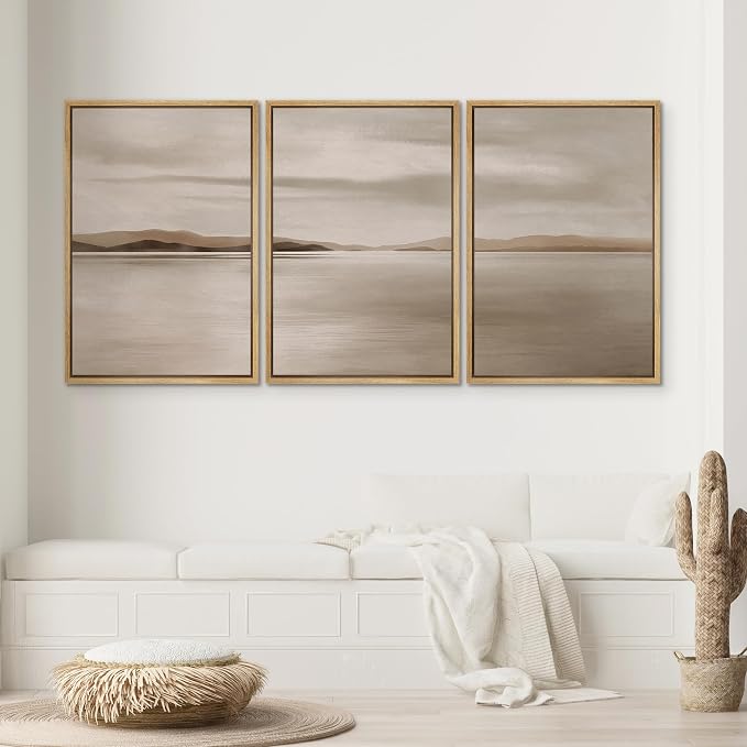 SIGNWIN Framed Canvas Print Wall Art Set Minimalist Beige Lake Horizon Landscape Illustrations Modern Art Decorative Chic Calm/Zen for Living Room, Bedroom, Office - 24"x36"x3 NATURAL
