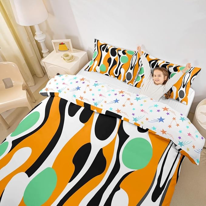 Erosebridal Organic Abstract Duvet Cover Set Modern Contemporary Full Size Bedding Sets for Child Boys Boho Mid Century Wavy Lines Comforter Cover Retro Geometric Bed Set,Orange Green