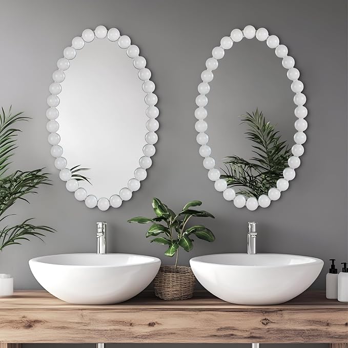 Oval Round Wall Mirror - 30 Inch Decorative Framed Bathroom/Living Room Accent Mirror with Beaded Ball Trim - Vintage Modern Style White Mirror