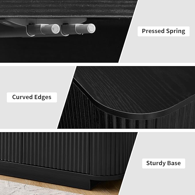 LKTART 64" Buffet Cabinet with Storage, Modern Fluted Accent Sideboard Media Console Credenza with Adjustable Shelves Pressed Spring for Kitchen Living Room,31.5" H (Black)