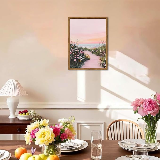 Framed Vintage Landscape Wall Art, Pink Floral Coastal Pictures Wall Decor, Rustic Wildflower Nature Paintings Canvas Prints Home Decor Aesthetic for Living Room Bedroom Bathroom 12x16 inch